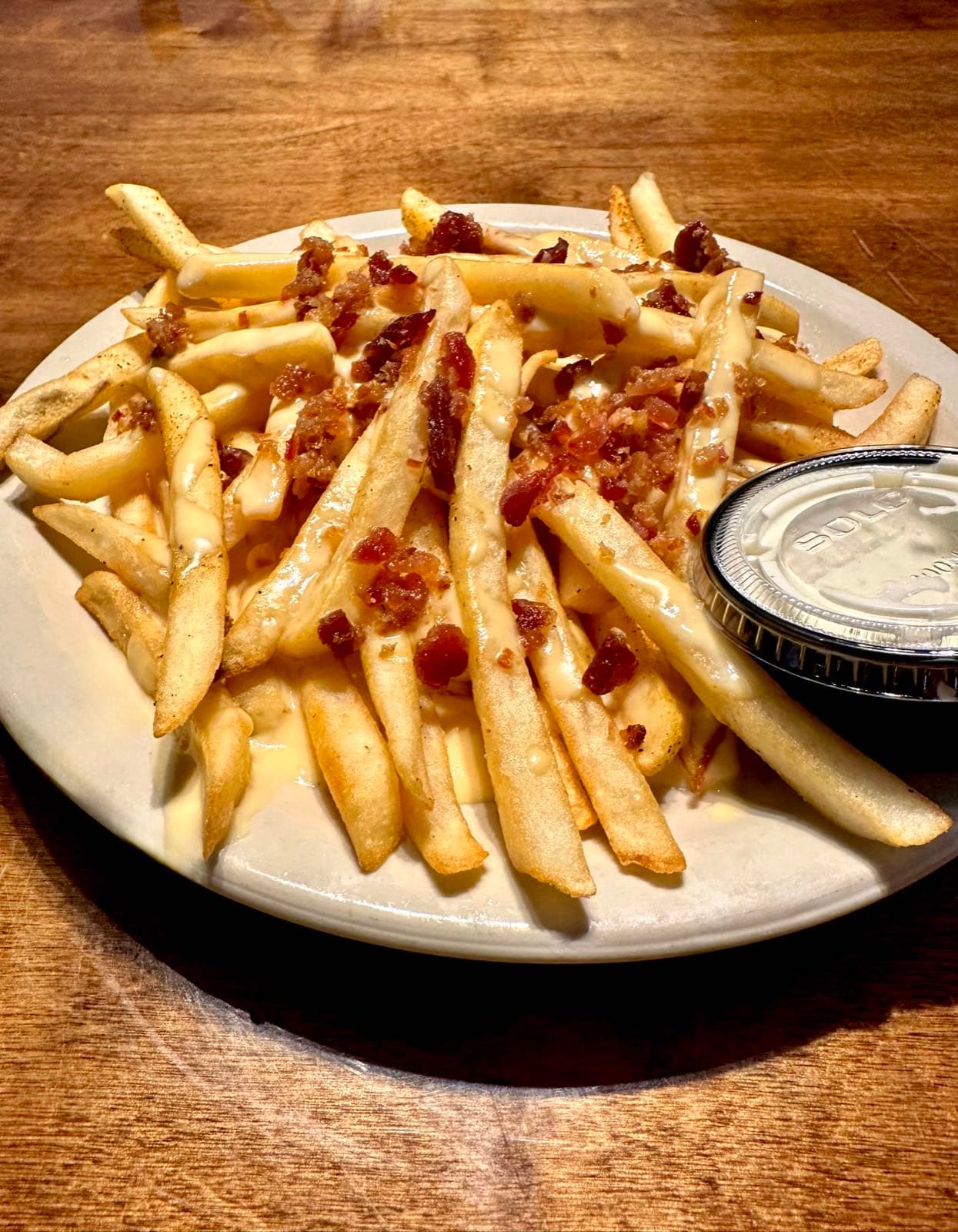 A plate of crispy French fries smothered in melted cheese sauce and topped with crumbled bacon bits, with a small cup of dipping sauce.